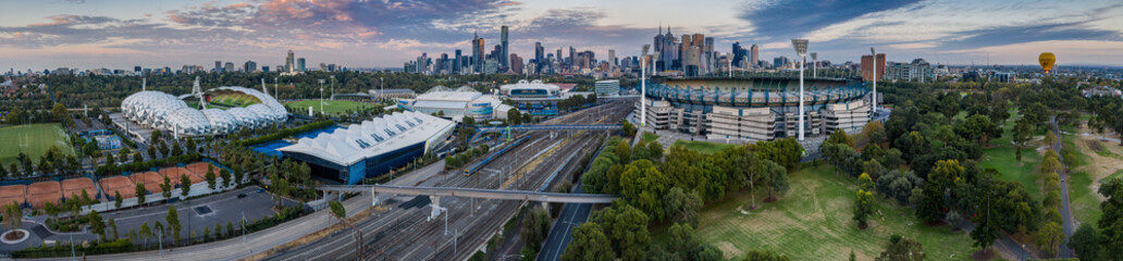 Aerial panoramic dawn view of the Melbourne city skyline