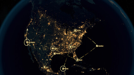 Flight Paths Over North America. North American Air Routes. Flight Connections. Global...