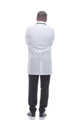 Fototapeta premium rear view. mature doctor reading an ad on a white screen