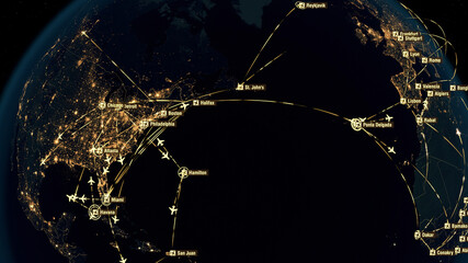 Flight Paths Over North America. North American Air Routes. Flight Connections. Global Communications - Destinations all over the World. Airport International Connectivity. City Lights. 3D Rendering. © editableclips.com