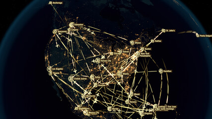 Flight Paths Over North America. North American Air Routes. Flight Connections. Global Communications - Destinations all over the World. Airport International Connectivity. 3D Rendering.