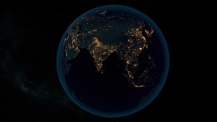 Fototapeta na wymiar Earth at Night. Stunning 3D Illustration of Earth Bathed in City Lights at Night. City Lights of Asia, Europe and Africa.