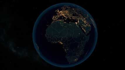 Earth at Night. Stunning 3D Illustration of Earth Bathed in City Lights at Night. City Lights of Europe and Africa.