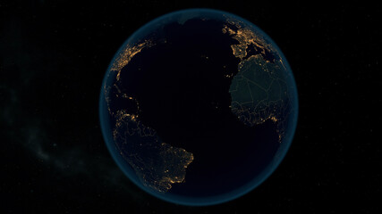 Earth at Night. Stunning 3D Illustration of Earth Bathed in City Lights at Night. City Lights of America and Europe.