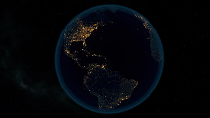 Earth at Night. Stunning 3D Illustration of Earth Bathed in City Lights at Night. City Lights of America and Europe.
