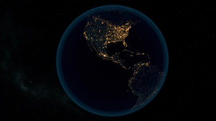 Earth at Night. Stunning 3D Illustration of Earth Bathed in City Lights at Night. City Lights of the North and South America.