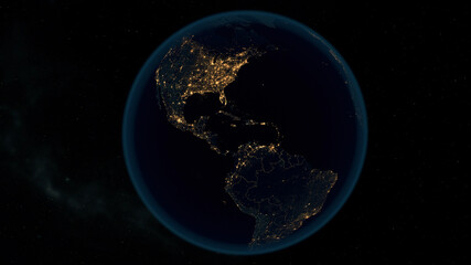 Earth at Night. Stunning 3D Illustration of Earth Bathed in City Lights at Night. City Lights of the North and South America.
