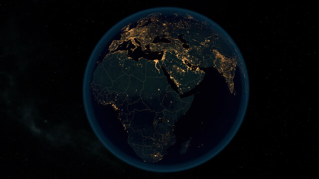 Earth at Night. Stunning 3D Illustration of Earth Bathed in City Lights at Night. City Lights of Europe, Asia and Africa.