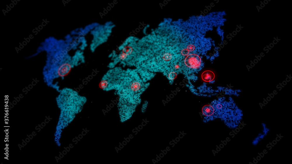Poster 3d dot world map with red circle aim target on the map, for futuristic concept, with shallow depth o