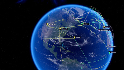 Naklejka premium Global Communications - Destinations over America. City Names and Locations. Global Positioning System. Travelling, Localization, Gps Navigation, Pathfinding All over the World. 3d Illustration.