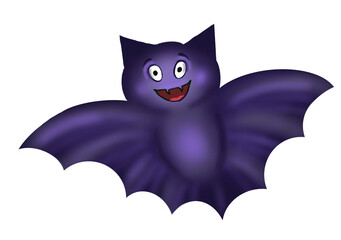 Cute purple bat. Hand drawn cartoon halloween bat animal. Isolated on white background. Flying bat.