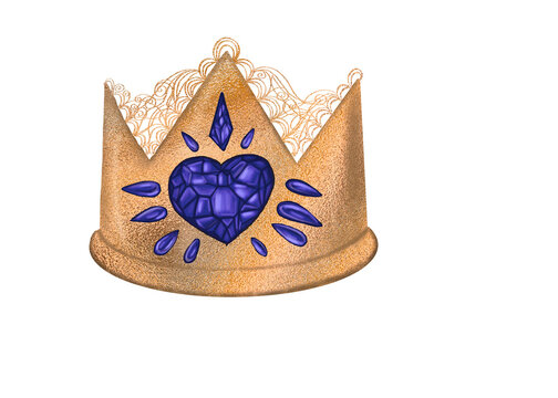 Golden decorative crown with saphire jewerly stones. Hand drawn Cartoon Beautiful golden princess crown with pink ruby heart. Isolated on white background. Fairy tale concept. Kids illustration.