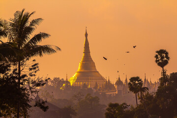 Shwedagon pagoda at sunset, Great Dagon Pagoda in Yangon Myanmar