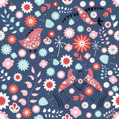 Seamless folk pattern with flowers and animals, vector illustration