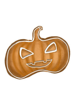 Halloween pumpkin cookie with white icing. Hand drawn happy halloween sweet backing jinger bread with white glaze. Isolated on white background. Trendy halloween design.