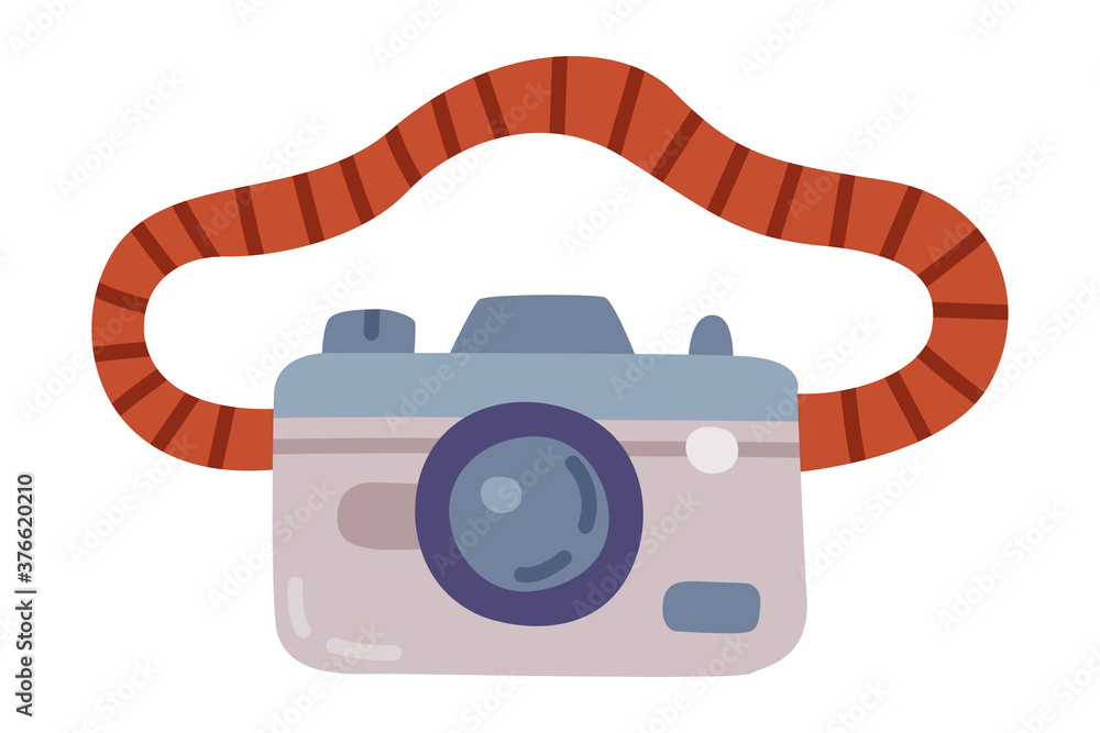 Wall mural photo camera, summer vacation and travelling accessory cartoon style vector illustration