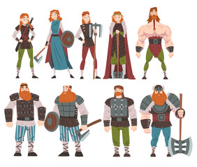 Vikings with Weapon and Ancient Draccar Set, Medieval Male and Female Warriors, Scandinavian Mythology Characters in Traditional Outfit Cartoon Style Vector Illustration