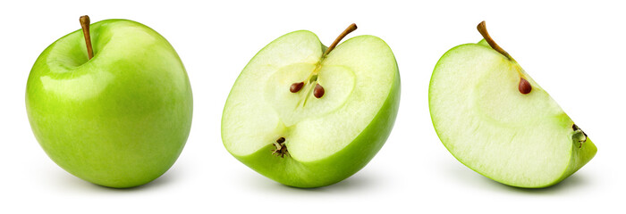 Green apple isolate. Apples on white background. Whole, half, slice green apple set with clipping...