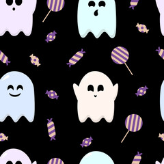 Halloween Pattern. Seamless pattern with ghosts and sweets.