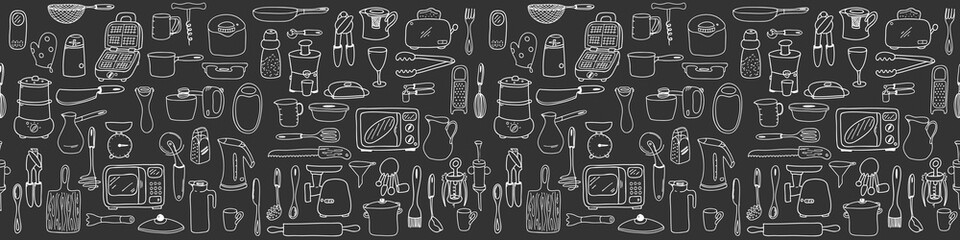 Naklejka premium Bezszwowe obramowanie z elementami naczynia kuchenne, naczynia i urządzenia. Czarno-białe tło dla projektowania menu, broszury, strony internetowe.Doodle ilustracja jest ręcznie rysowane i na białym tle na ciemny. Wektor