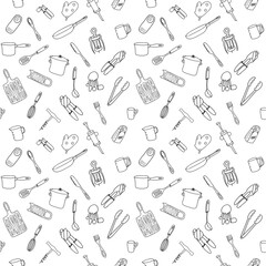 Seamless pattern with elements of kitchen utensils, utensils and appliances. Black-white background for menu design,brochures, web pages. Doodle illustration is hand drawn and isolated on white.Vector