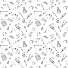 Seamless pattern with elements of kitchen utensils, utensils and appliances. Black-white background for menu design,brochures, web pages. Doodle illustration is hand drawn and isolated on white.Vector
