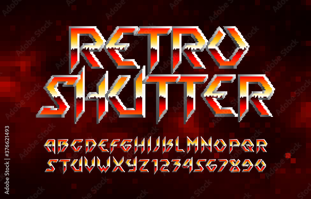 Fototapete retro shutter alphabet font. pixel letters, numbers and symbols. digital background. 80s arcade vide