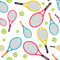 Tennis Rackets and Balls Seamless Vector Pattern with White Background