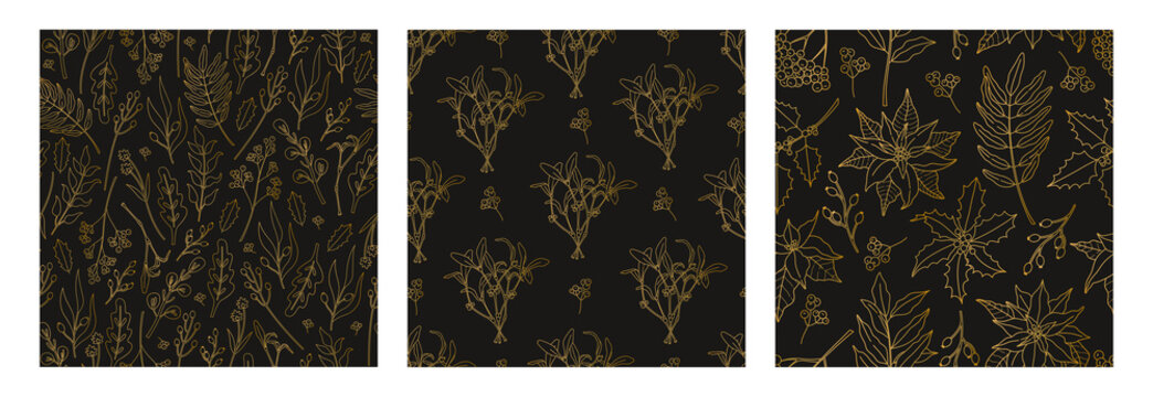 Set of Christmas seamless pattern, with gold plants. Poinsettia, holly berry, and laurel leaves in doodle line style, modern ornate for New Year, decoration on black background.