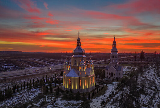 Zubra, Lviv District, UKRAINE - May 2020: The Beautiful Church Is Illuminated At Night