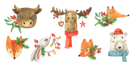 Obraz premium watercolor set on a Christmas theme with an illustration of New Year's cute animals (fox, bear, elk, bull, hare) decorated with festive decor