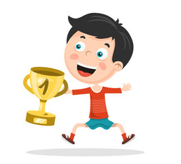 Kid Holding First Place Gold Cup Award. Young Champion Vector Illustration.