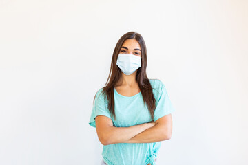 Portrait of young woman wearing face protective mask to prevent Coronavirus and anti-smog. Portrait of young woman wearing face mask.