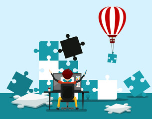 Obraz premium Freelancer Solving Puzzle with Jigsaw Pieces. Happy Man Holding Pencil Sitting on Office Chail with Computer on Table Vector Business Concept. Programmer or Graphic Designer Cartoon.