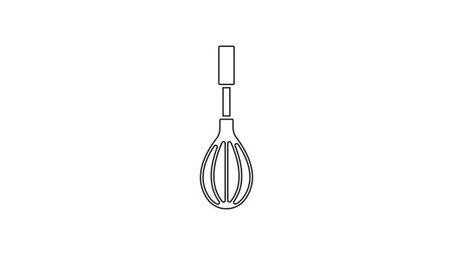 Black line Kitchen whisk icon isolated on white background. Cooking utensil, egg beater. Cutlery sign. Food mix symbol. 4K Video motion graphic animation.