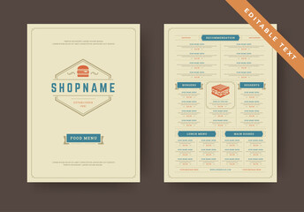 Burger restaurant menu layout design brochure or fast food flyer editable text template vector illustration.