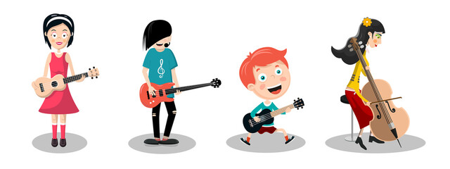 People Playing Musical Instruments. Boy, Man and Women Vector Illustration. Music Band with Ukulele Guitars, Bass Guitar and Cello Cartoon.