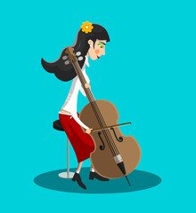 Woman Playing Cello on Blue Background Vector Cartoon