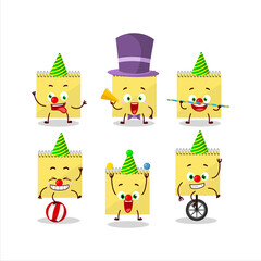Cartoon character of spiral square yellow notebooks with various circus shows