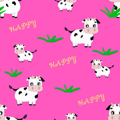 Cute cow seamless pattern with green grass formation and Happy text on bright pink background.