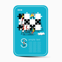 Jigsaw Game Creativity Concept. Creative Business People with Puzzle Pieces on Leaflet with Sample Text Vector Illustration.