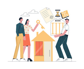 House mortgage concept. Young family with key buys a house and consults with a bank broker. Property money investment. Flat vector cartoon illustration with character isolated on white background