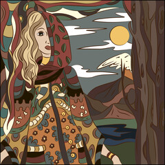 Young woman and nature in abstract fantasy style. Illustration for children's books and fairy tales