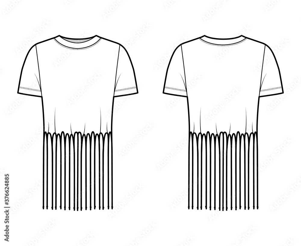 Sticker Fringed cotton-jersey top technical fashion illustration with scoop neck, short sleeves, above-the-knee length, oversized. Flat apparel template front back white color. Women men unisex top CAD mockup - Stickers