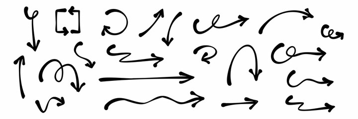 Hand drawn arrows doodle. Handmade sketch symbols set direction mark on a white background. vector illustration graphic design elements.