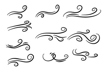 Hand drawn air wind doodle blow. Handmade sketch symbols set gust design on a white background. vector illustration graphic design elements.