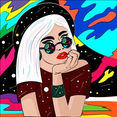 Bright sexy young woman in the style of psychedelic pop art.