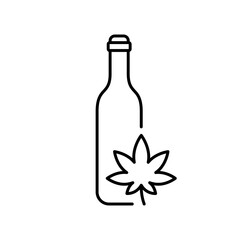 Bottle with cannabis leaf. Line art oil or drink with marijuana icon. Black simple illustration of herbal tincture, natural beverage. Contour isolated vector emblem, white background. Packaging design