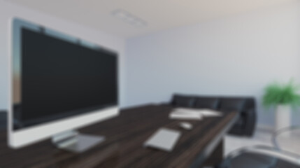 Unfocused, Blur phototography. Large doctor’s office in a business center with a large window. Lawyer consulting.. 3D rendering
