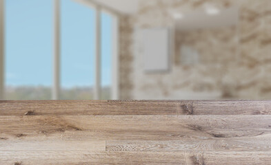 Modern bathroom including bath and sink. 3D rendering.. Empty paintings. Abstract blur phototography. wooden table on blurred background.